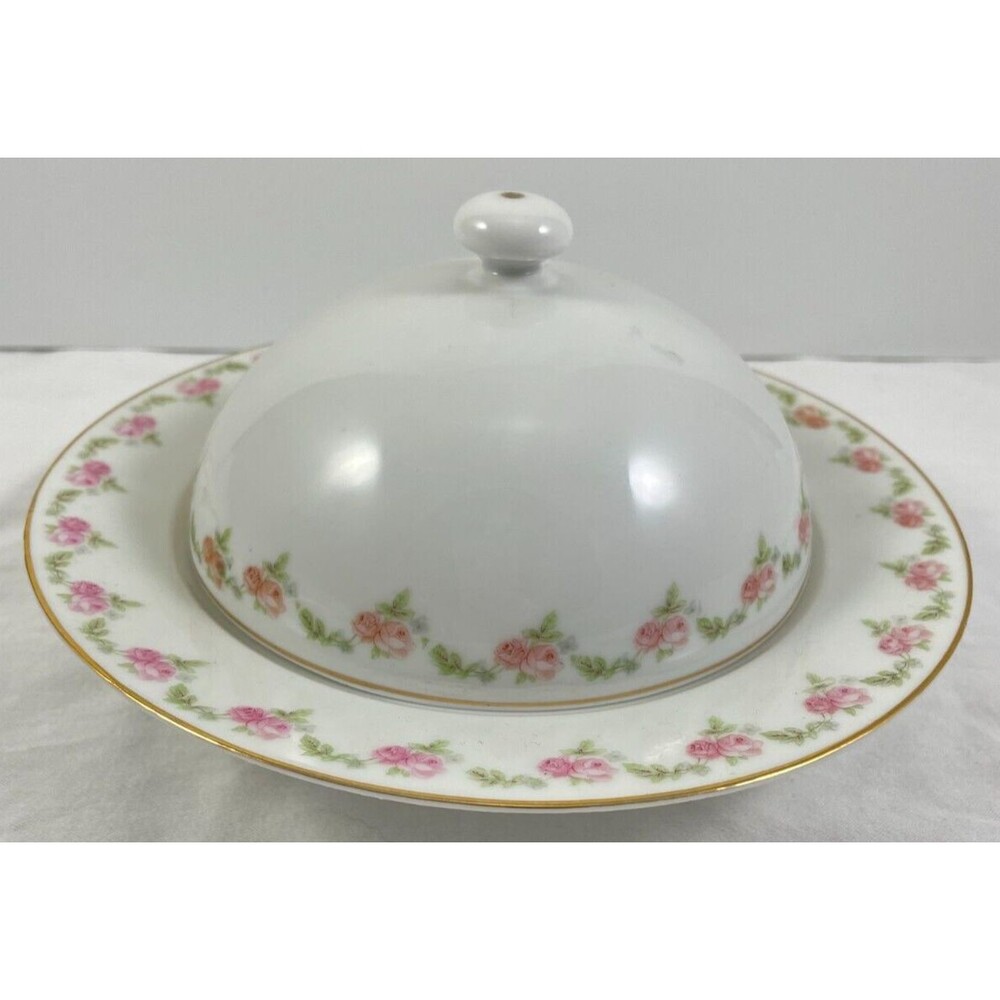 Pink Rose Covered Butter Dish Herman Ohme Silesia Poland c1920 Antique